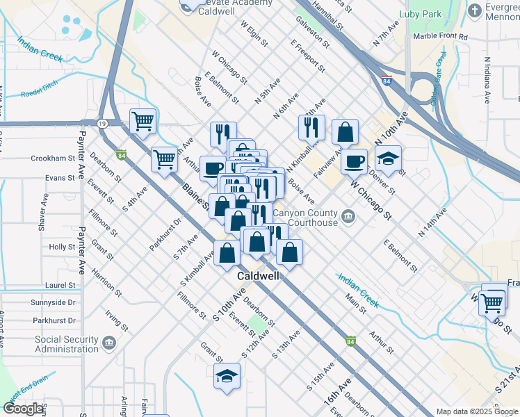 map of restaurants, bars, coffee shops, grocery stores, and more near 807 Main Street in Caldwell