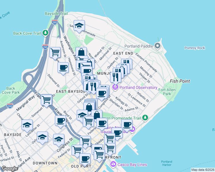 map of restaurants, bars, coffee shops, grocery stores, and more near 32 North Street in Portland