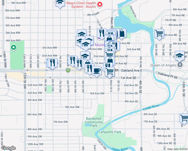 map of restaurants, bars, coffee shops, grocery stores, and more near 108 2nd Street Southwest in Austin