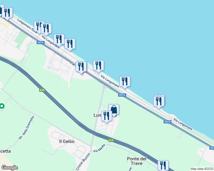 map of restaurants, bars, coffee shops, grocery stores, and more near 70A Via Lungomare in Lungomare