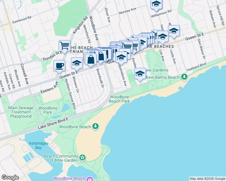 map of restaurants, bars, coffee shops, grocery stores, and more near 200 Woodbine Avenue in Toronto