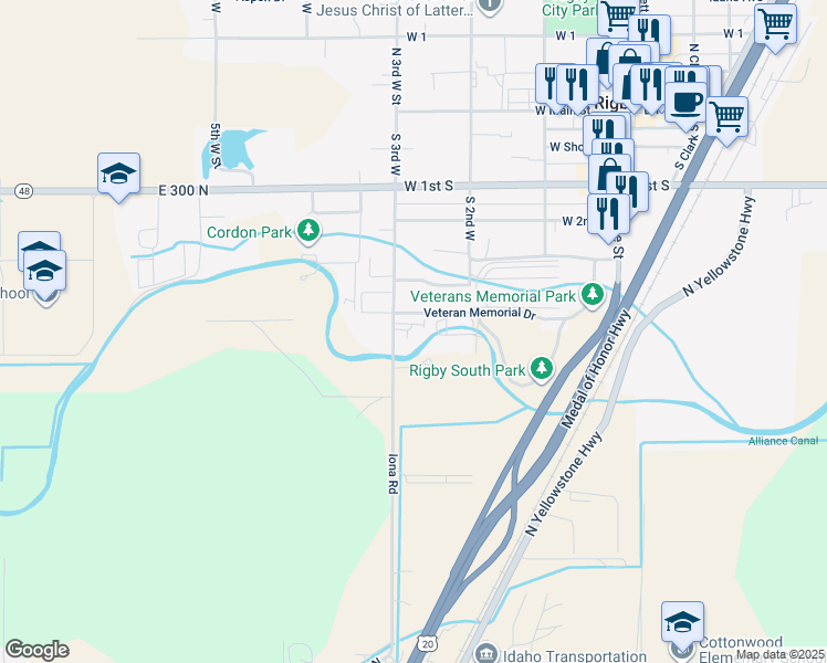 map of restaurants, bars, coffee shops, grocery stores, and more near 274 North 3900 East in Rigby