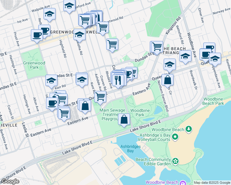 map of restaurants, bars, coffee shops, grocery stores, and more near in Toronto