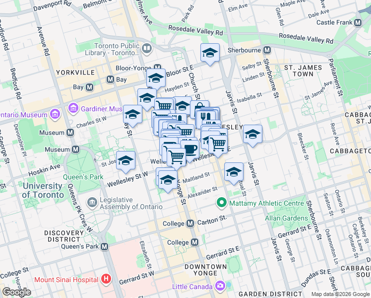 map of restaurants, bars, coffee shops, grocery stores, and more near 17 Dundonald Street in Toronto
