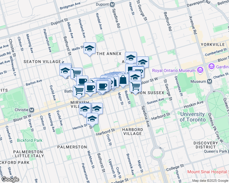 map of restaurants, bars, coffee shops, grocery stores, and more near 469 Bloor Street West in Toronto