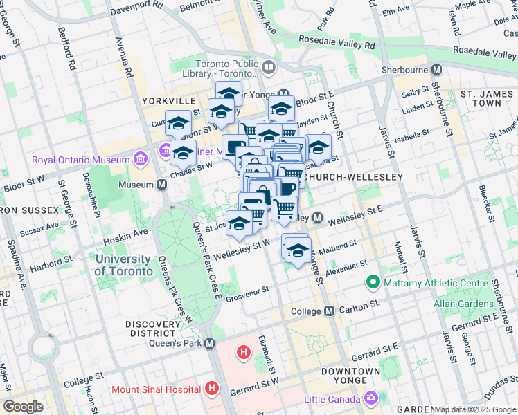 map of restaurants, bars, coffee shops, grocery stores, and more near 44 Saint Joseph Street in Toronto
