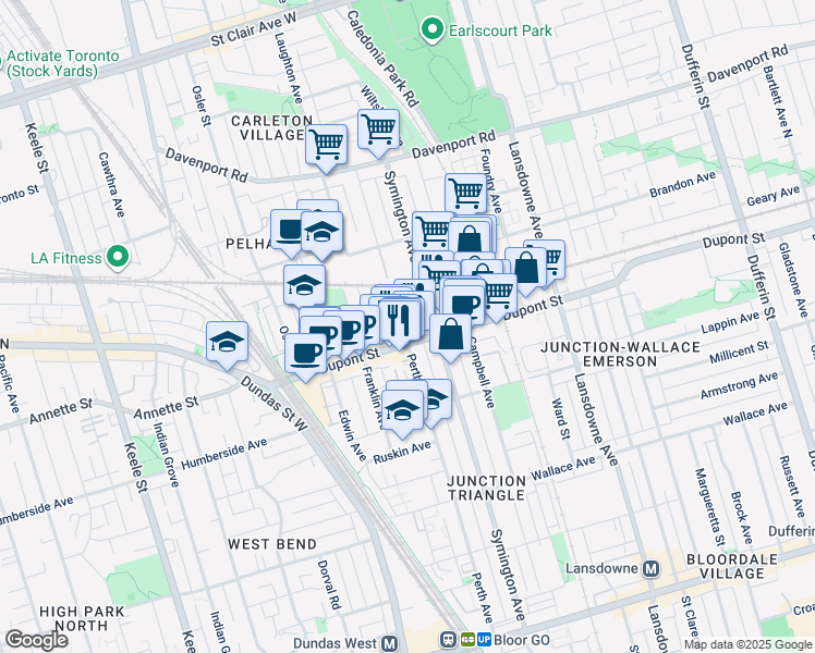 map of restaurants, bars, coffee shops, grocery stores, and more near 399 Perth Avenue in Toronto