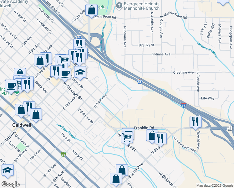 map of restaurants, bars, coffee shops, grocery stores, and more near 1407 Hope Lane in Caldwell
