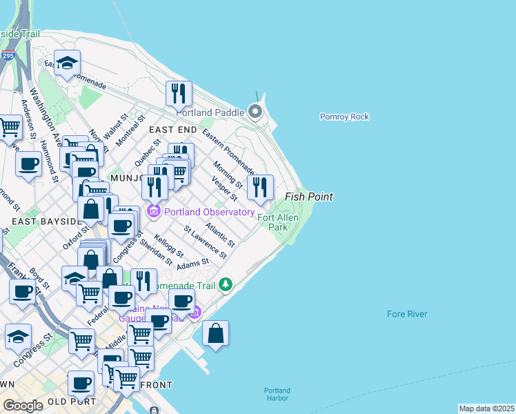 map of restaurants, bars, coffee shops, grocery stores, and more near 25 Morning Street in Portland