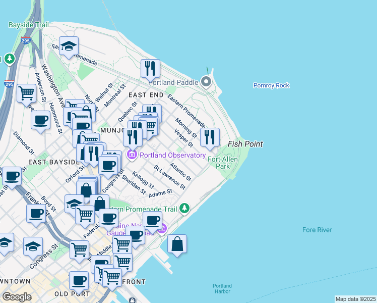 map of restaurants, bars, coffee shops, grocery stores, and more near 50 Vesper Street in Portland