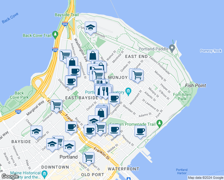 map of restaurants, bars, coffee shops, grocery stores, and more near 125 Sheridan Street in Portland