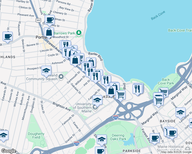 map of restaurants, bars, coffee shops, grocery stores, and more near 45 Forest Park in Portland