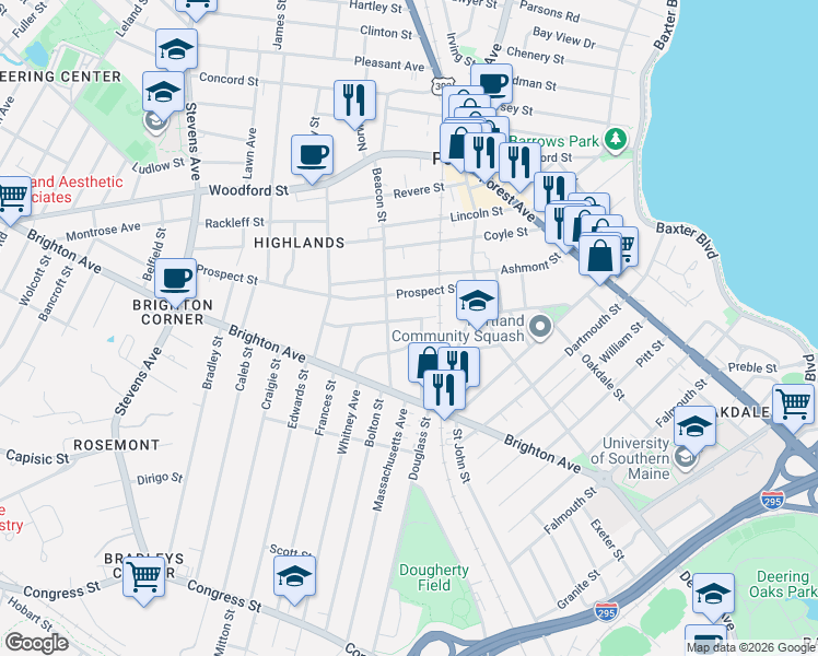 map of restaurants, bars, coffee shops, grocery stores, and more near 145 Longfellow Street in Portland