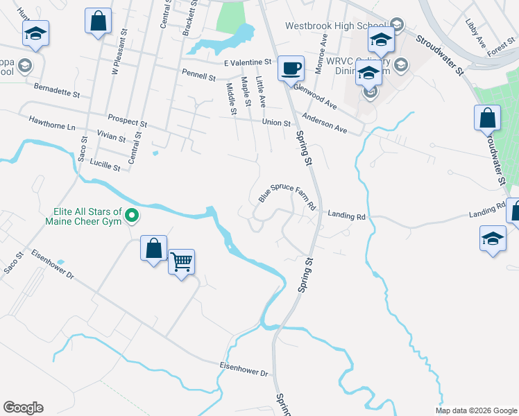 map of restaurants, bars, coffee shops, grocery stores, and more near 78 Blue Spruce Farm Road in Westbrook