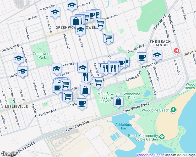 map of restaurants, bars, coffee shops, grocery stores, and more near in Toronto