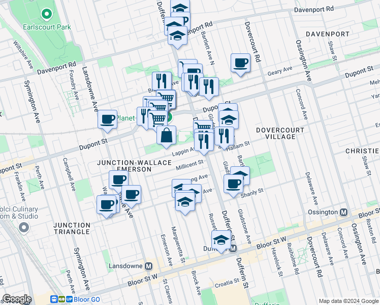 map of restaurants, bars, coffee shops, grocery stores, and more near in Toronto
