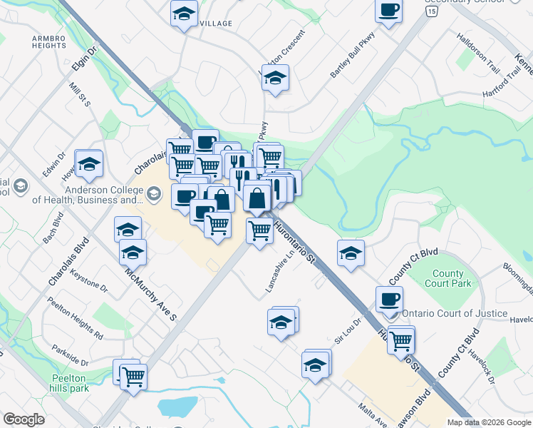 map of restaurants, bars, coffee shops, grocery stores, and more near in Brampton