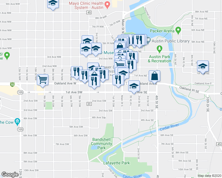 map of restaurants, bars, coffee shops, grocery stores, and more near 103 1st Street Southwest in Austin