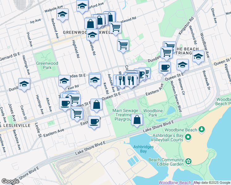 map of restaurants, bars, coffee shops, grocery stores, and more near 1560 Queen Street East in Toronto