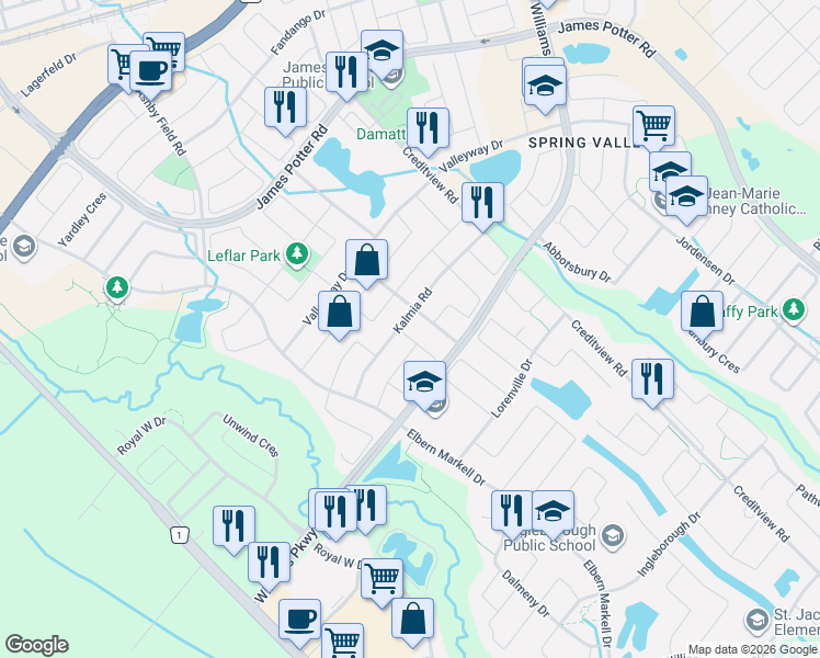 map of restaurants, bars, coffee shops, grocery stores, and more near 65 Interlude Drive in Brampton