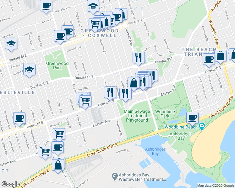 map of restaurants, bars, coffee shops, grocery stores, and more near 8 Kent Road in Toronto