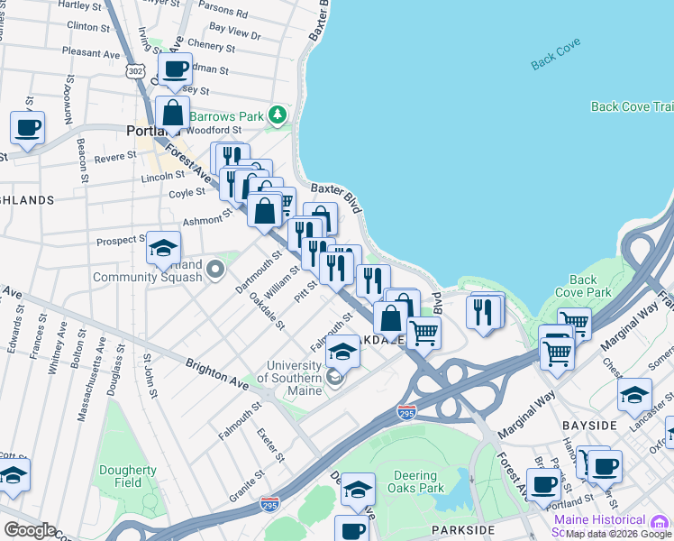 map of restaurants, bars, coffee shops, grocery stores, and more near 45 Forest Park in Portland