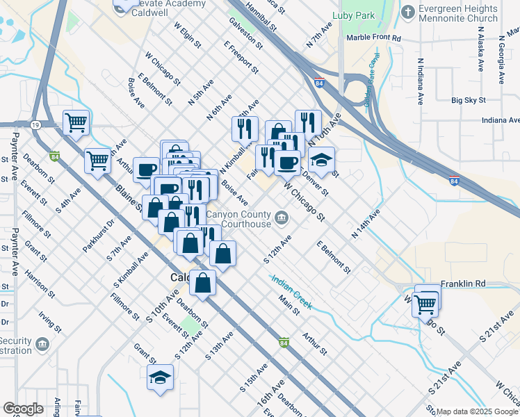 map of restaurants, bars, coffee shops, grocery stores, and more near 1015 Albany Street in Caldwell