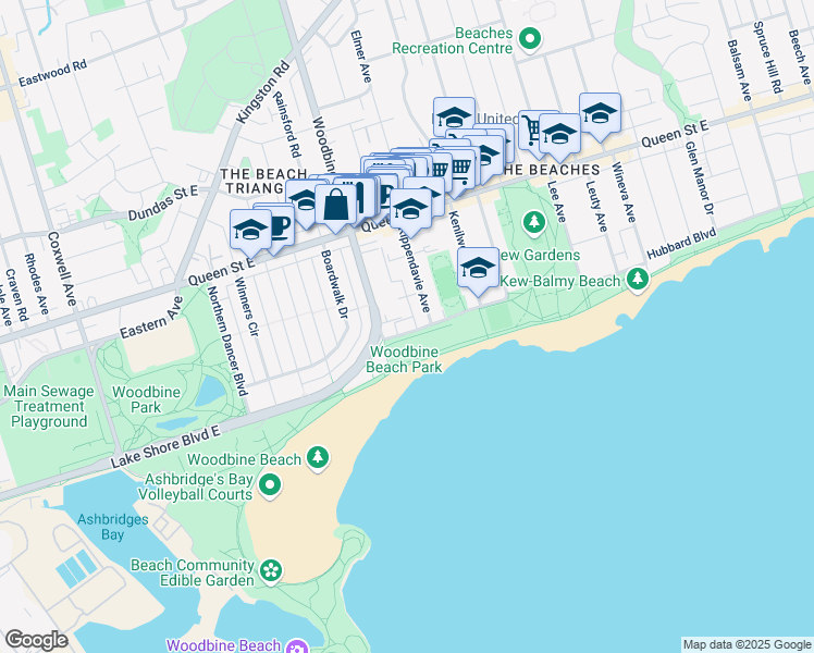 map of restaurants, bars, coffee shops, grocery stores, and more near 20 Kew Beach Avenue in Toronto