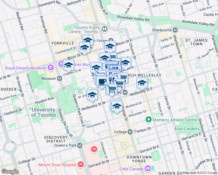 map of restaurants, bars, coffee shops, grocery stores, and more near 16 Saint Joseph Street in Toronto