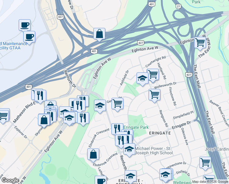map of restaurants, bars, coffee shops, grocery stores, and more near 46 Ashfield Drive in Toronto