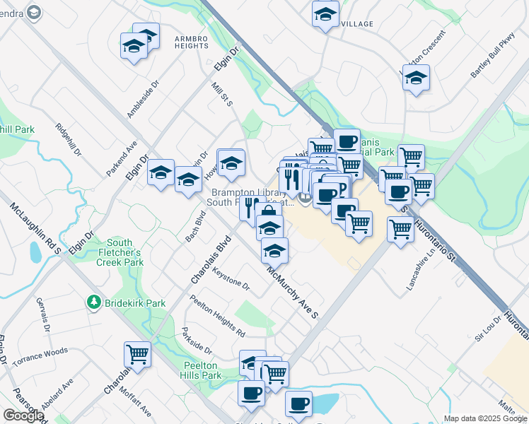 map of restaurants, bars, coffee shops, grocery stores, and more near 75 Charolais Boulevard in Brampton