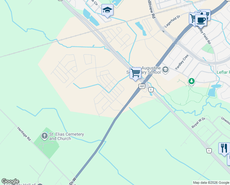 map of restaurants, bars, coffee shops, grocery stores, and more near 16 Bonnington Drive in Brampton