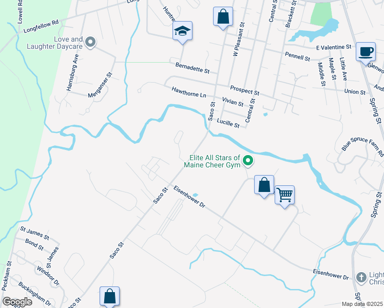 map of restaurants, bars, coffee shops, grocery stores, and more near 329 Saco Street in Westbrook