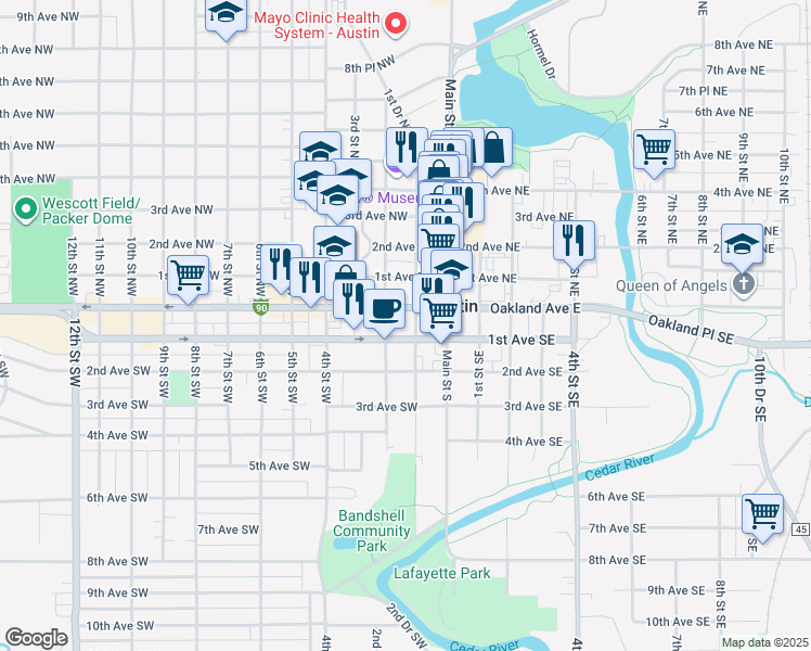 map of restaurants, bars, coffee shops, grocery stores, and more near 104 1st Street Southwest in Austin