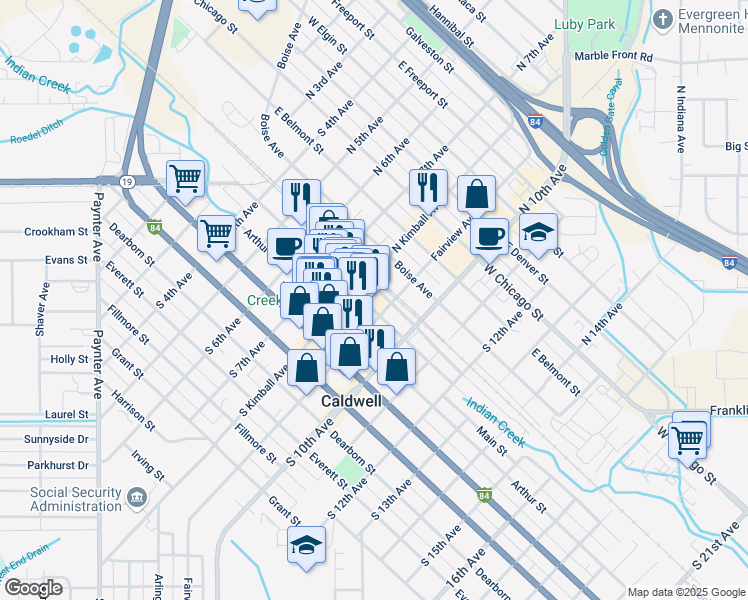 map of restaurants, bars, coffee shops, grocery stores, and more near 807 Main Street in Caldwell