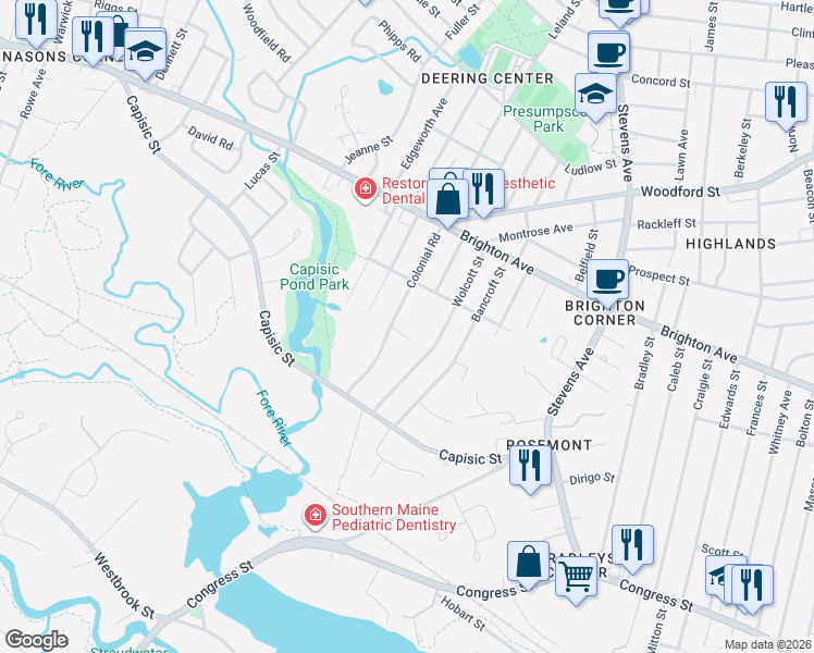 map of restaurants, bars, coffee shops, grocery stores, and more near 70 Colonial Road in Portland