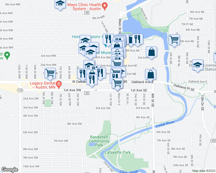 map of restaurants, bars, coffee shops, grocery stores, and more near 104 1st Street Southwest in Austin