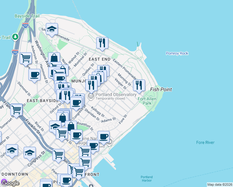 map of restaurants, bars, coffee shops, grocery stores, and more near 49 Moody Street in Portland