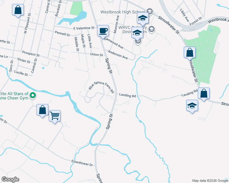 map of restaurants, bars, coffee shops, grocery stores, and more near 300 Spring Street in Westbrook