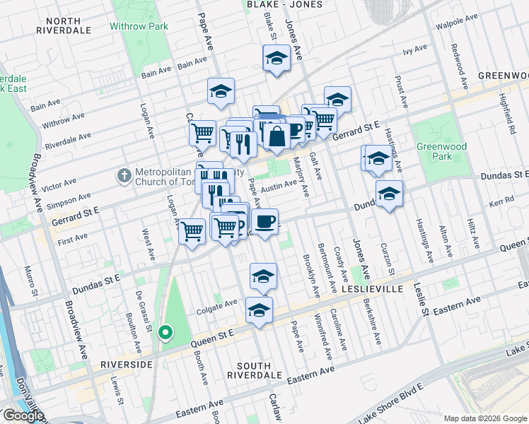 map of restaurants, bars, coffee shops, grocery stores, and more near 253 Pape Avenue in Toronto