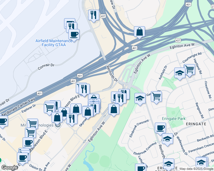 map of restaurants, bars, coffee shops, grocery stores, and more near Renforth Drive in Toronto