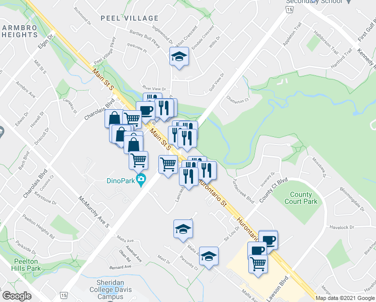 map of restaurants, bars, coffee shops, grocery stores, and more near 1 Steeles Avenue East in Brampton
