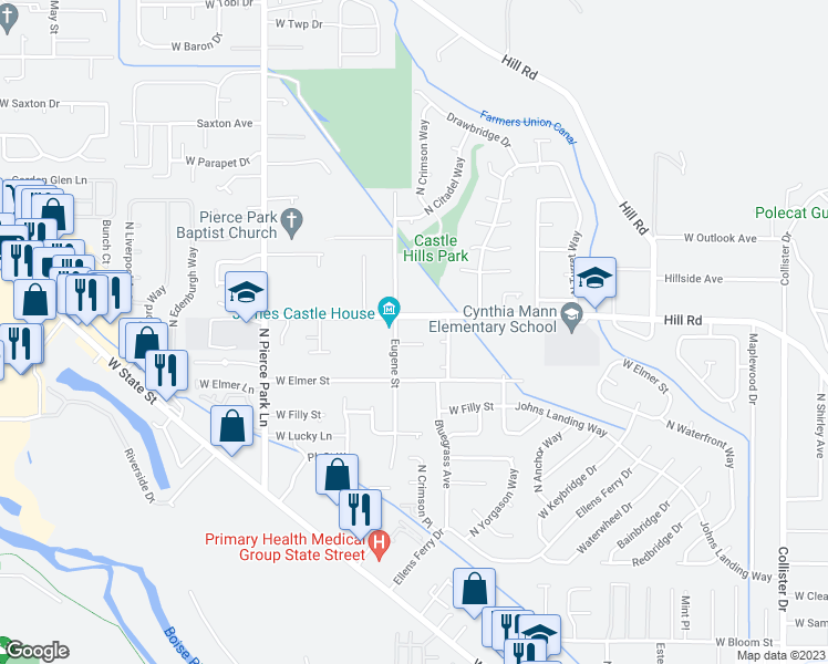 map of restaurants, bars, coffee shops, grocery stores, and more near 5801 Castle Drive in Boise