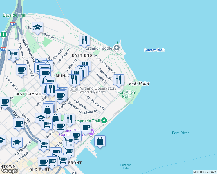 map of restaurants, bars, coffee shops, grocery stores, and more near 50 Vesper Street in Portland