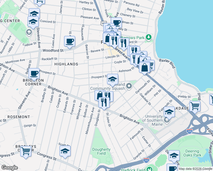 map of restaurants, bars, coffee shops, grocery stores, and more near 117 Longfellow Street in Portland