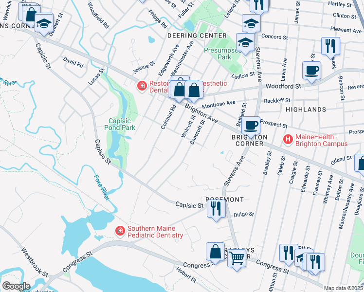 map of restaurants, bars, coffee shops, grocery stores, and more near 55 Wolcott Street in Portland