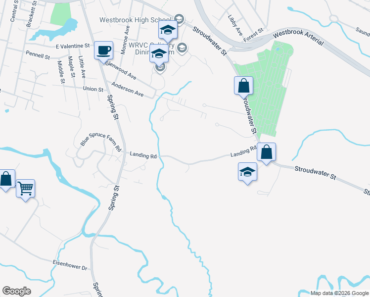 map of restaurants, bars, coffee shops, grocery stores, and more near 116 Landing Road in Westbrook