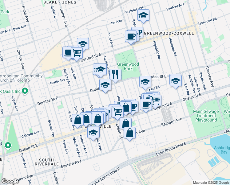 map of restaurants, bars, coffee shops, grocery stores, and more near in Toronto