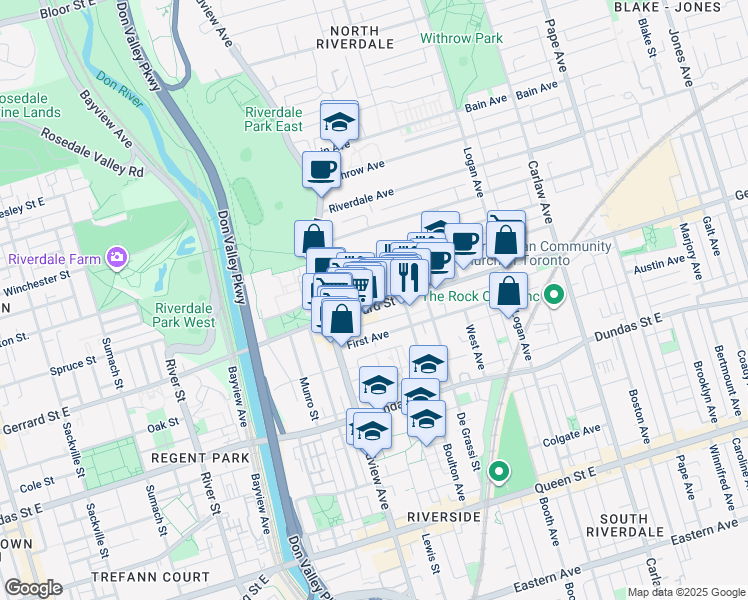 map of restaurants, bars, coffee shops, grocery stores, and more near 672 Boulton Avenue in Toronto