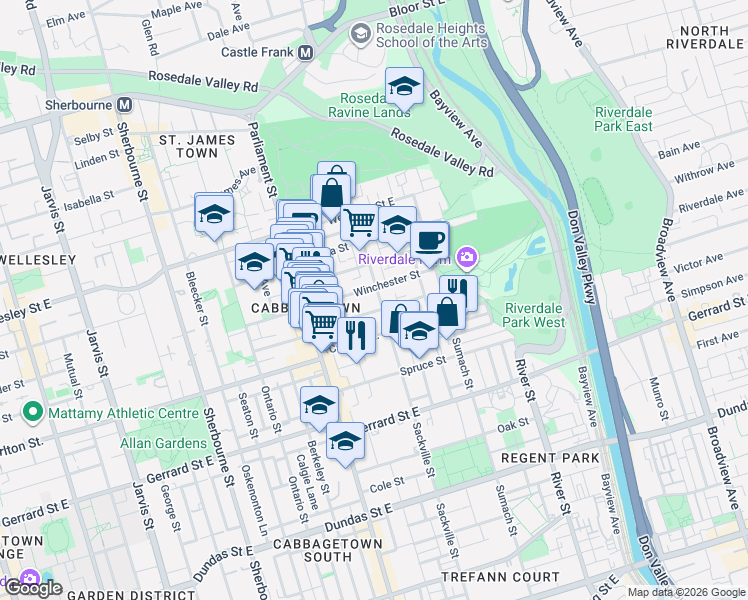 map of restaurants, bars, coffee shops, grocery stores, and more near 382 Sackville Street in Toronto